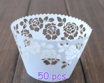 Classic Rose cupcake wrapper Stencil rose cake wrapper white rose muffin cupcake wrapping paper wedding party classic pink rose wraps collar