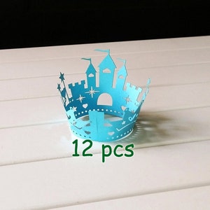 12 pcs Stencil blue castle Cupcake Wrappers princess castle laser cut wrapper fairytale  wraps collars blue cupcake wrapping paper