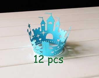 12 pcs Stencil blue castle Cupcake Wrappers princess castle laser cut wrapper fairytale  wraps collars blue cupcake wrapping paper