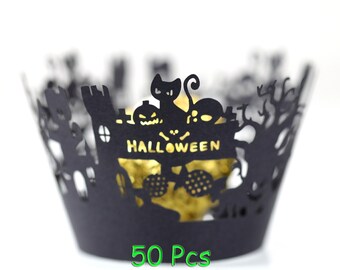 Black Cat Cupcake Wrappers halloween party cake halloween theme cupcake wrapping paper liner Treat and trick party wraps collars