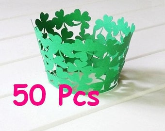 Clover Cupcake Wrappers Stencil lucky plants cupcake wrapping paper Garden Green grass lace wrapper handmade cake holder party cake ornament