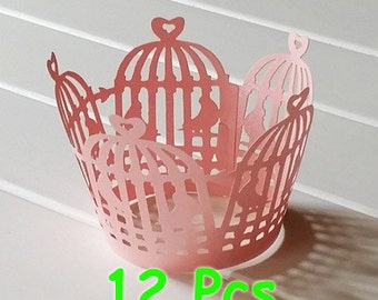 12pcs pink bird cage wrapper Stencil laser wrapper fancy Cupcake Wrappers Wedding cake wrapper lace for Christenings Baby Showers