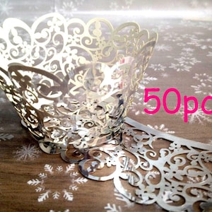 silver wedding party wrapper Filigree Paper Laser Cupcake Wrapping Paper Fancy wedding cake Stencil cupcake liner metallic silver wraps