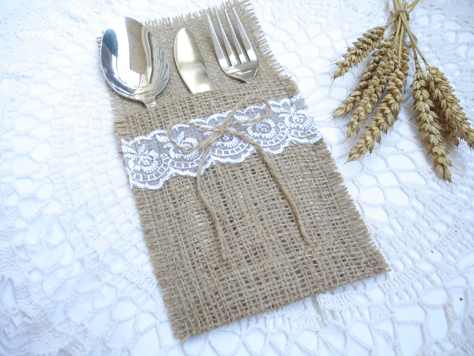 Set of 200 Burlap Silverware Holder wish white lace and bow Etsy