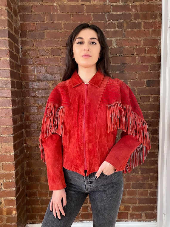 Vintage 80s Red Suede Fringe Zip Jacket