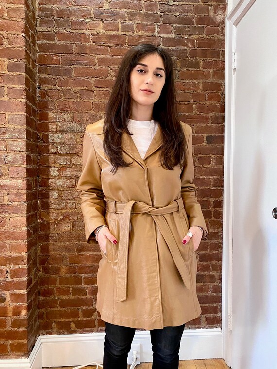 Vintage 70s Tan Tie Waist Leather Coat