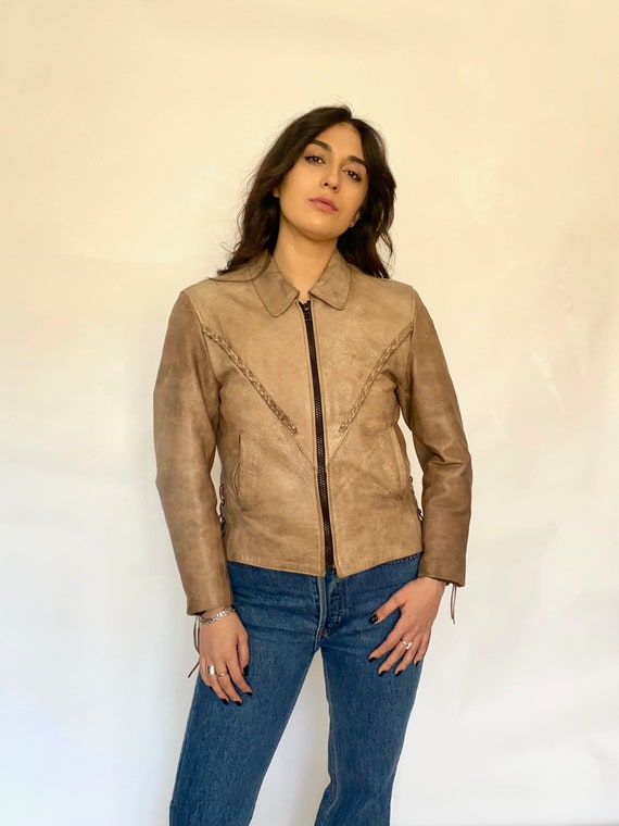 Vintage 80s UNIK Tan Braided Leather Jacket - image 2