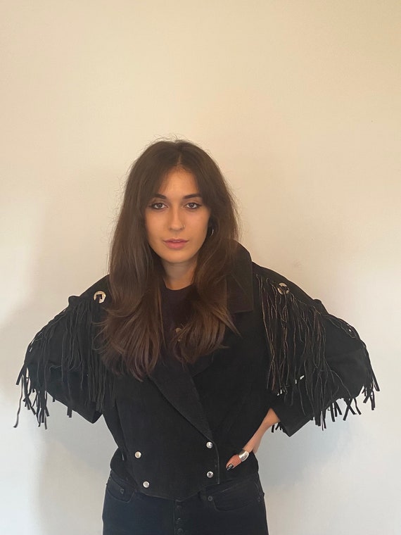 Vintage 70s Black Western Suede Leather Fringe Con