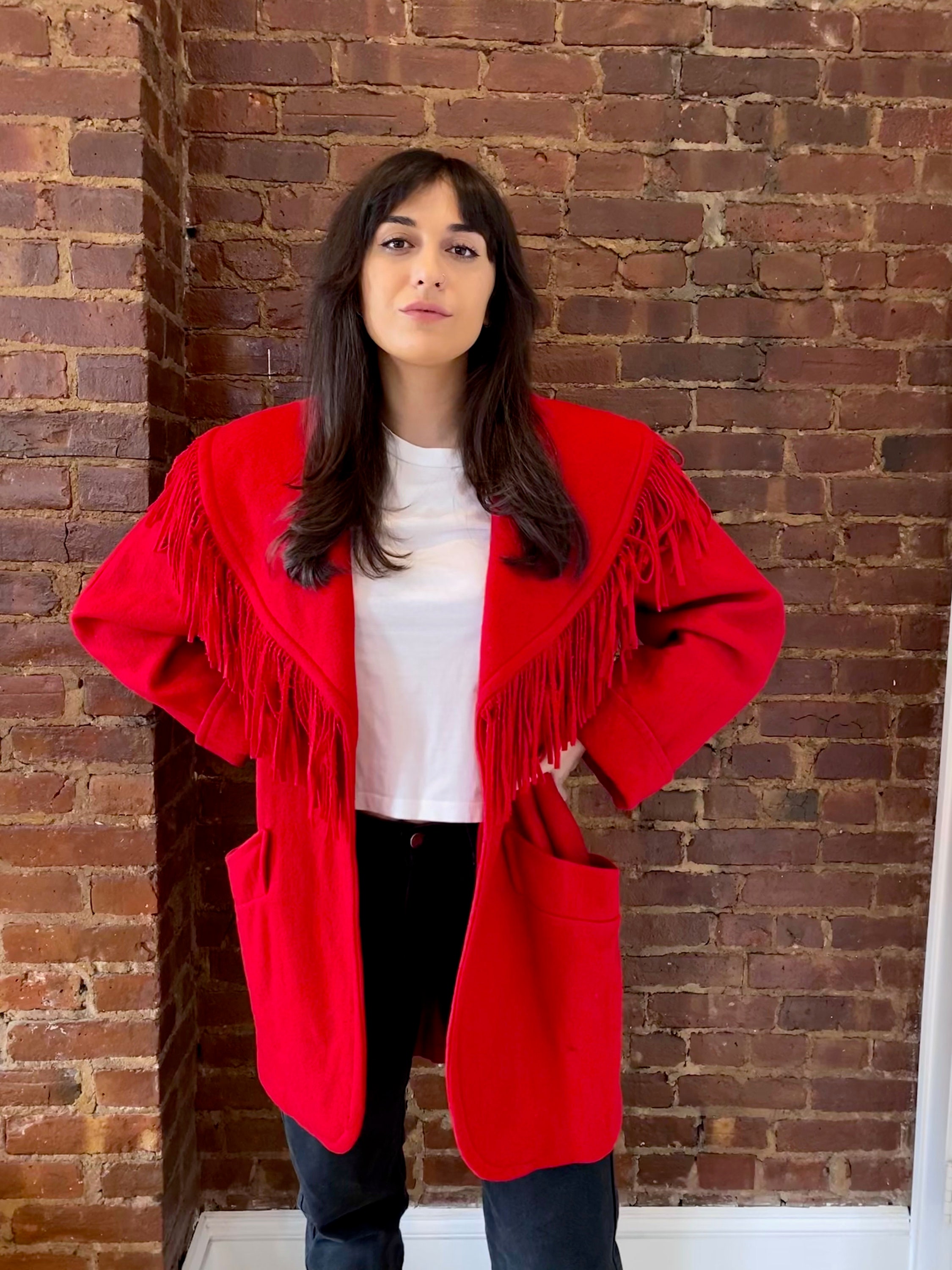 Red fringe coat sale