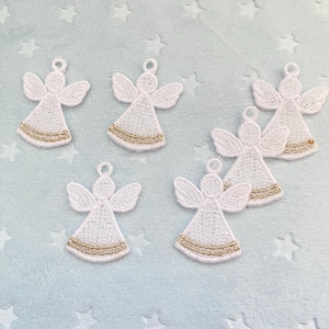 Mini ángeles de bolsillo, juego de 6 ángeles bordados de 1-1/2 pulgadas hechos a mano en color blanco con detalles de hilo metálico dorado. También para billetera, auto, etc.