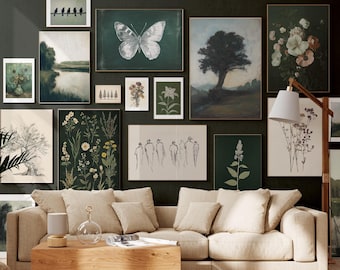 Green Botanical Gallery Wall Set of 17, Dark Green Nature Printable Wall Art, Moody Floral & Sage green Bundle, Organic Modern Living Room