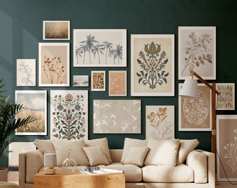 Warm Botanical Gallery Wall Set of 17, Neutral Beige Floral Printable Art, Mediterranean Cottagecore Bundle, Cozy Neutral Living Room Decor