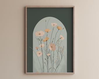 Neutral rustic Floral Art Print, Vintage Flower Painting, Rustic Farmhouse Decor PRINTABLE, Vintage wildflower art, Sage green wall prints