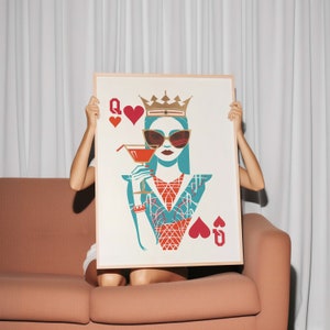 queen of hearts champagne wall art maximalist decor lucky you print, preppy aesthetic cocktail poster cute apartment decor, playing card,m19