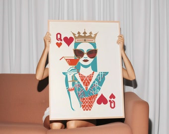 queen of hearts champagne wall art maximalist decor lucky you print, preppy aesthetic cocktail poster cute apartment decor, playing card,m19