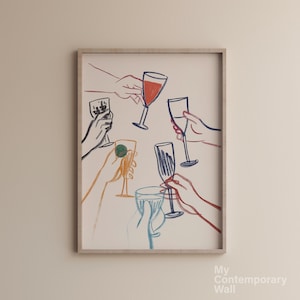 Cheers Print Decor Bar Cart Art Wall Printable Unique Cheers Bar Sign Wall Poster, Toast to Absent Friends Cheers Line ArtCocktail Toast M84