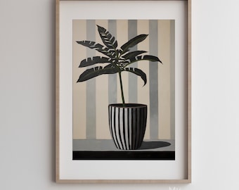 Botanical Vase Painting Art Print, Green Leaf Wall Decor,Modern Minimalist Plant Artwork, Neutral Home Decor, Eclectic Vintage Home wall art