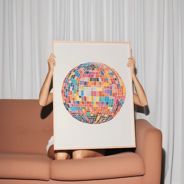 Vintage colorful Disco ball Art Print, Printable disco Retro Art esthetic | Instant Download Trendy Retro Vintage Art,hype beast bedroom,216