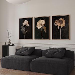 Set of 3 Dark Botanical Prints, Vintage Moody Cottagecore Florals, Printable Gallery Wall Art, Dark Academia Aesthetic, Digital Download Art