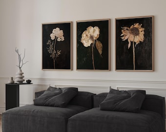 Set of 3 Dark Botanical Prints, Vintage Moody Cottagecore Florals, Printable Gallery Wall Art, Dark Academia Aesthetic, Digital Download Art