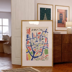 Colorful Paris city Map Art Print, Trendy Retro Vintage Wall Art, map printable art, Aesthetic Room Decor, Henri Matisse style print, no:75