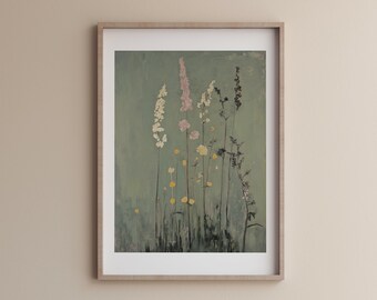 Neutral Vintage Floral Art Print, Antique Botanical Print, Vintage Flower Painting, Rustic Farmhouse Decor PRINTABLE, Vintage wildflower art