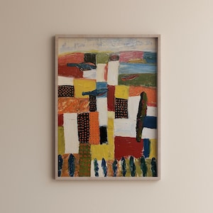 May include: A framed abstract painting featuring a grid of rectangular blocks in vibrant colors including red, yellow, blue, green, and white. The composition includes textured paint strokes, black dotted patterns, and dark vertical shapes at the bottom.