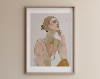Contemporary Figurative Oil Painting Art Print Wall Decor, People Print Modern Abstract Art, Minimalist Print Neutral Color Gift Beige Decor