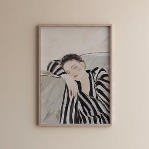 Contemporary Figurative Oil Painting, Stripe Woman Art Print Wall Decor, Modern Abstract Art, Minimalist Print Black and white Color Decor