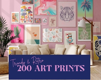 Set of 200 trendy wall art, eclectic wall prints, maximalist gallery wall set bundle, retro wall art, college room decor, preppy poster B1
