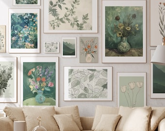 Mega Bundle, Forest Garden Gallery Wall Print Set of 15, Green Botanical Printable Art, Cottagecore Nature Wall Decor for Cozy Living Room