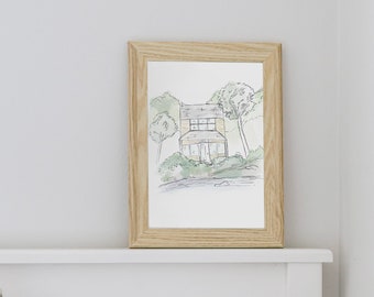 Casa fronte fiume - Giallo caldo, stampa della casa, acquerello della casa nel bosco, stampa ad acquerello