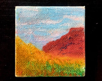 Handmade Mini canvas - red mountains and waves of grain