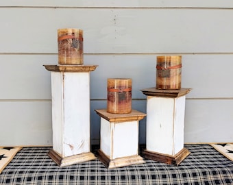 Wood Candle Holder, Rustic Table Decor,  Farmhouse Style Candle Holder, Set of 3 Candle Pillars, Distressed Paint