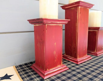 Rustic Candle Holder, Farmhouse Candle Holder, Wood Candle Pillar, Rustic Wood Decor, Red Set of 3