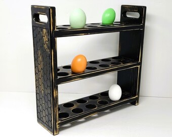 Fresh Egg Storage, Farmhouse Egg Rack,  Black Kitchen Counter Egg Storage, Wood Egg Holder, Chicken Wire Carved Sides