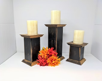 Rustic Wood Candle Holders, Farmhouse Style, Rustic Table Decor, Candle Pillars, Black and Stain Distressed Paint Set of 3