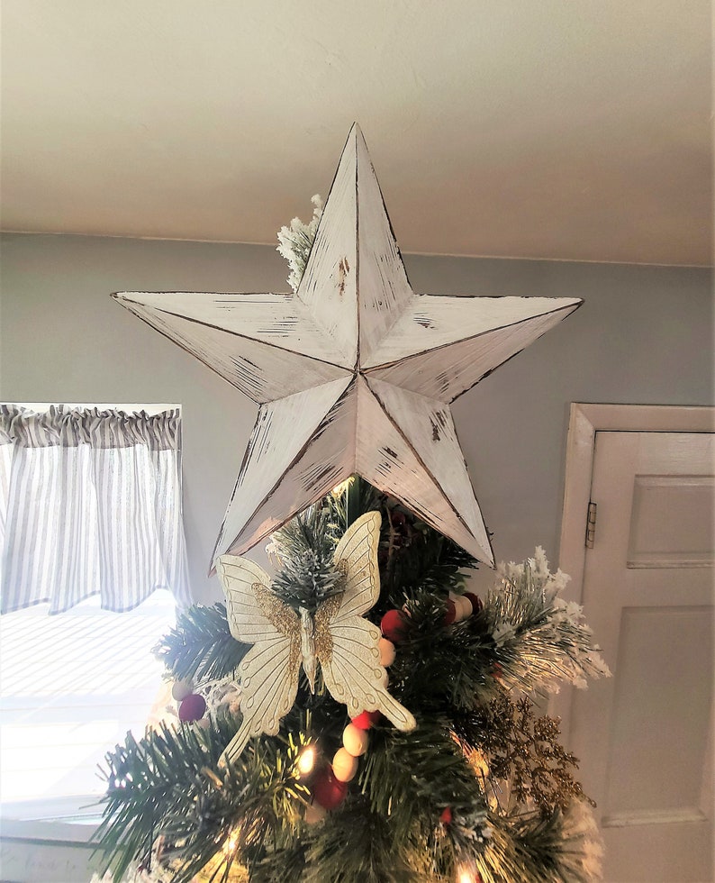 Estrella de madera rústica, estrella de copa de árbol, decoración navideña, copa de árbol de granja imagen 2