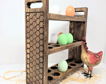 Fresh Egg Storage, Farmhouse Egg Rack,  Kitchen Counter Egg Storage, Wood Egg Holder, Chicken Wire Carved Sides