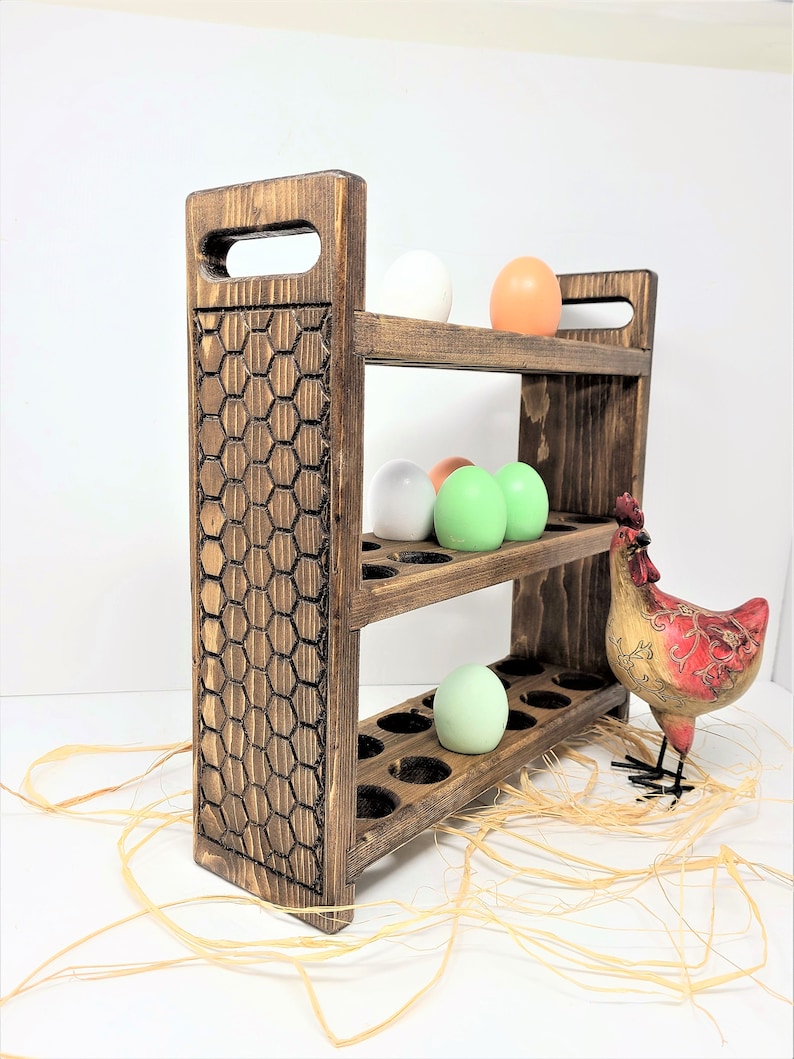 Fresh Egg Storage, Farmhouse Egg Rack, Black Kitchen Counter Egg Storage, Wood Egg Holder, Chicken Wire Carved Sides Stain