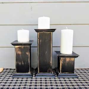 Rustic Wood Candle Holders, Farmhouse Style, Rustic Table Decor, Candle Pillars, Black Distressed Paint Set of 3