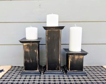 Rustic Wood Candle Holders, Farmhouse Style, Rustic Table Decor, Candle Pillars, Black Distressed Paint Set of 3