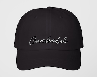 Cuckold-hatt, broderad pappahatt, Cuckold-livsstilskeps, kinky streetwear, justerbar axelrem, undergiven makehatt, fetischmode