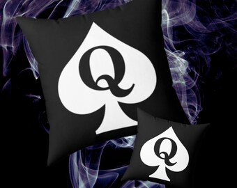 Black with White Q Spun Polyester Square Pillow, Queen of Spades Pillow, Room Decor, Bedroom Decor, Throw Pillow, Black and White Gift, Gift