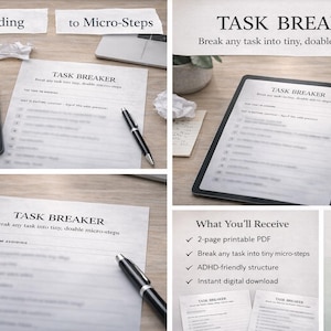 Pu&ograve; includere: Immagine promozionale per un prodotto digitale chiamato "TASK BREAKER", progettato per suddividere i compiti in micro-passaggi. L'immagine mostra un tablet, fogli stampati e una penna. Il prodotto &egrave; un PDF stampabile di 2 pagine con struttura per ADHD.