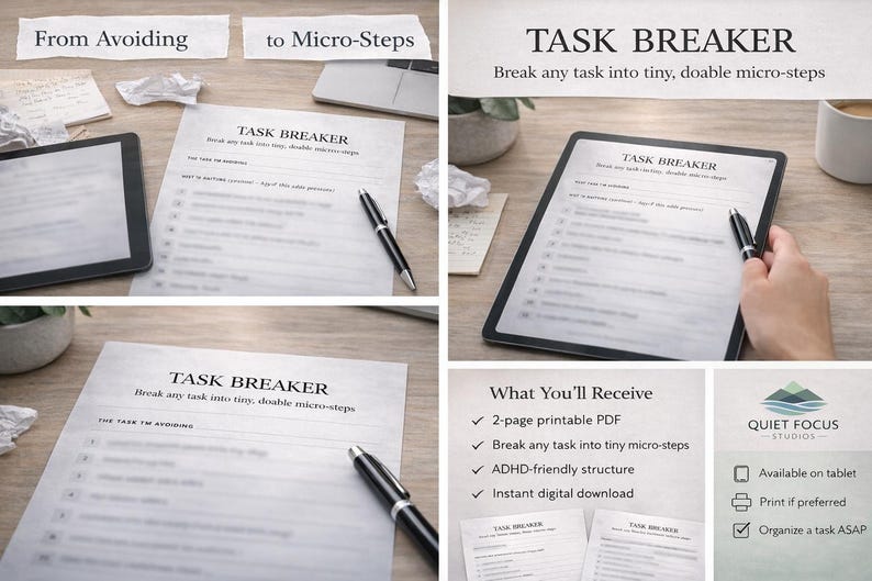 Pu&ograve; includere: Immagine promozionale per un prodotto digitale chiamato "TASK BREAKER", progettato per suddividere i compiti in micro-passaggi. L'immagine mostra un tablet, fogli stampati e una penna. Il prodotto &egrave; un PDF stampabile di 2 pagine con struttura per ADHD.