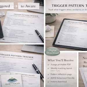 Może przedstawiać: Produkt do pobrania cyfrowego o tytule "Trigger Pattern Tracker" jest wyświetlany na tablecie i wydrukowanych stronach. Obraz zawiera tekst "From Triggered to Aware" i "Notice patterns. Reduce shame. Build awareness."