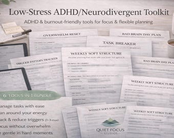 ZESTAW NARZĘDZI DO NISKOSTRESOWEGO ADHD | Zestaw planera neuroatypowego | Arkusze ćwiczeń dla osób z dysfunkcjami wykonawczymi | Plik PDF do druku