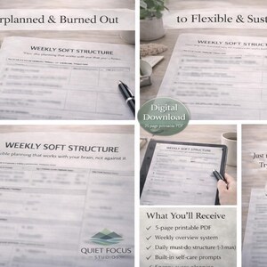 May include: A digital download product with the text "Weekly Soft Structure" is displayed in multiple images. The images show a printable PDF with a planning structure, a tablet, and a pen. The product promises flexible and sustainable planning.