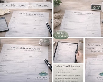 15-minutowy planer sprintu skupienia | Produktywność neuroatypowa z ADHD | Alternatywa dla Pomodoro | Plik PDF do druku